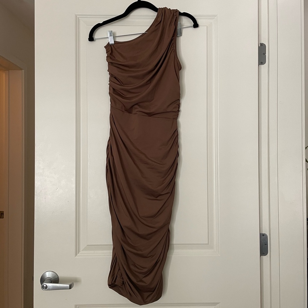 Brown Ruched One-Shoulder Dress (Size S)